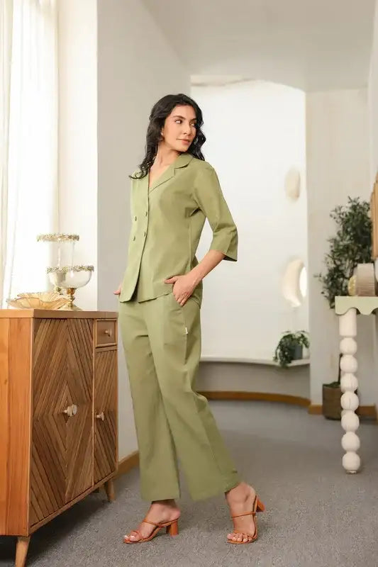Sage Green Cotton Flex Blazer Co-ord Set