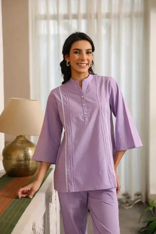 Lavender Bliss with Lace Detailing Cotton Co-ord Set
