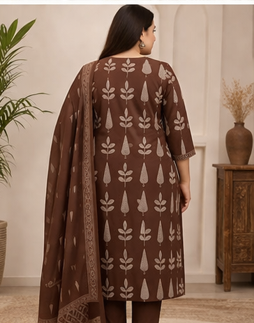 Plus Size Pure Cotton 3 Piece Kurta Pant Set with Dupatta | Ethnic Printed Suit Set (Size 48–52)