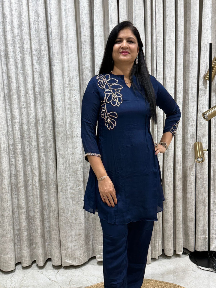 Women’s Navy Blue Pure Chinon A-Line Short Kurti with Plazo Pants | Cutdana Hand Work | Festive & Party Wear Suit Set