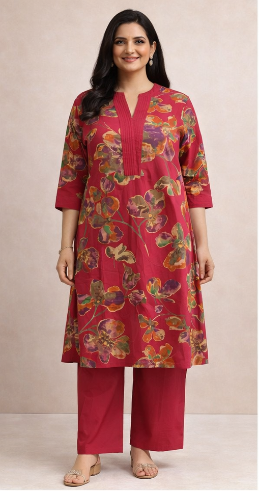 Rani Pink Pure Cotton A-Line Kurti Pant Set | Floral Printed 2 Piece Ethnic Set for Women |