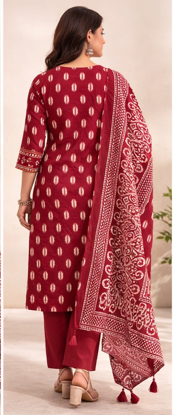Maroon Pure Cotton 3 Piece Suit Set with Dupatta | Traditional Printed Kurti Pant Set for Women