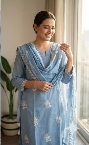 Elegant Blue Embroidered Kurta Set with Dupatta | 3 Piece Ethnic Suit