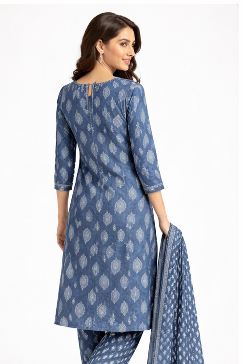 Blue Pure Cotton Kurti Pant Set with Dupatta – Comfortable 3PC Ethnic Set