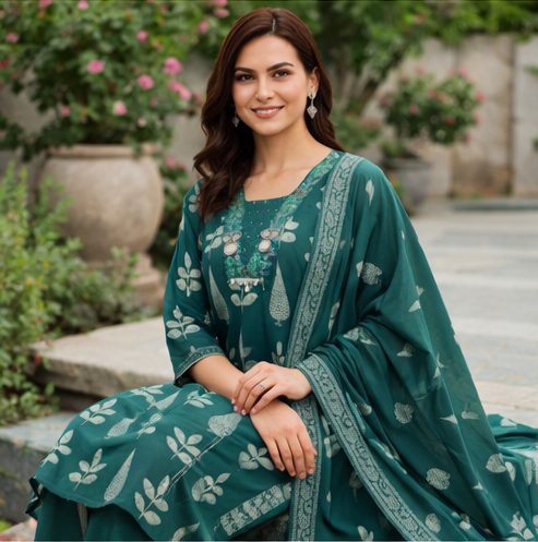 Pure Cotton 3 Piece Kurta Pant Set with Dupatta | Ethnic Printed Suit Set (Size 38–46)