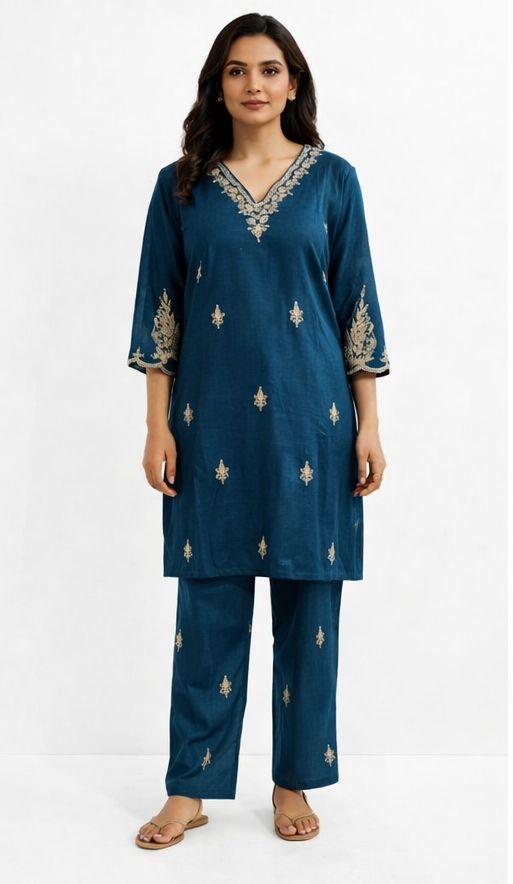 Teal Blue Embroidered Kurti Set with Dupatta | Premium Festive Wear