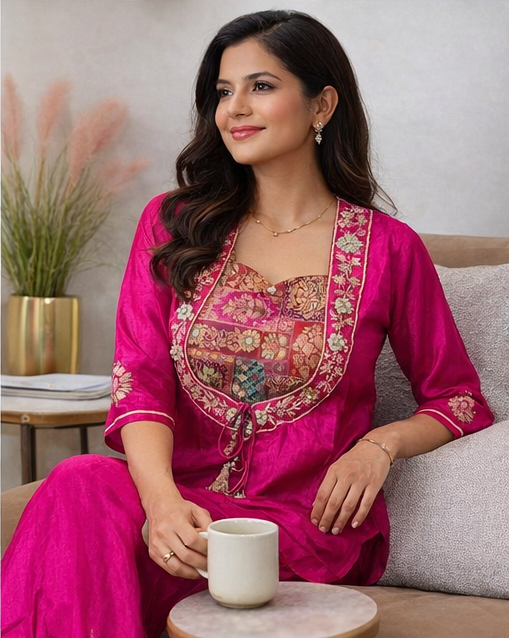 Rani Pink Pure Crape Silk Indo Western Set with Hand Work | Banarasi Jacquard Crop Top with Crape Silk Divider & Shrug | Festive & Wedding Wear