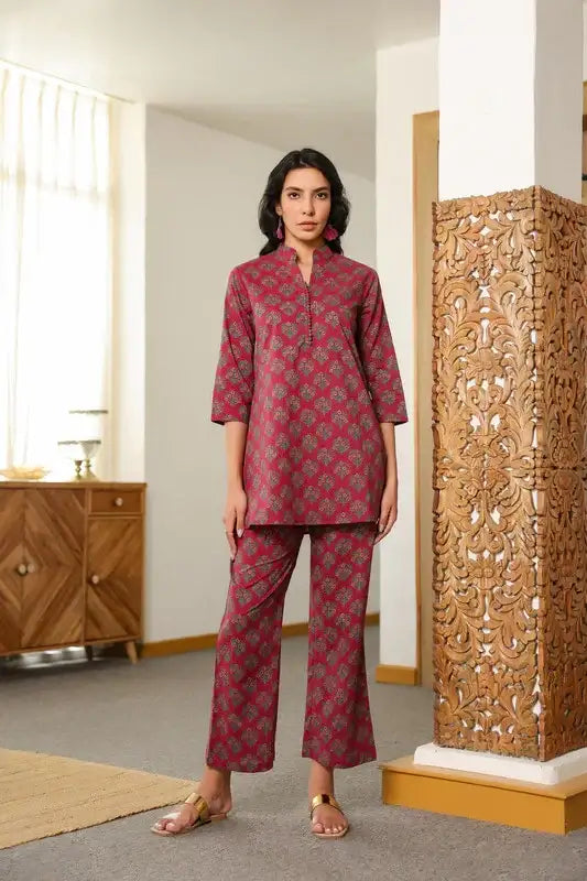 Aloha Mora on Maroon Printed Cotton Co-ord Set