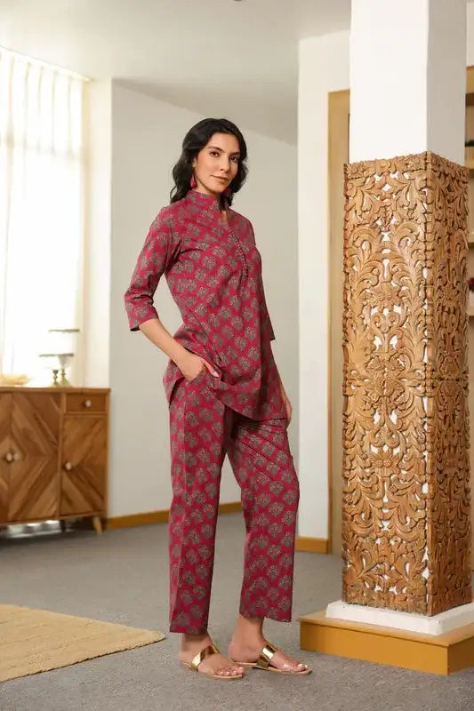 Aloha Mora on Maroon Printed Cotton Co-ord Set