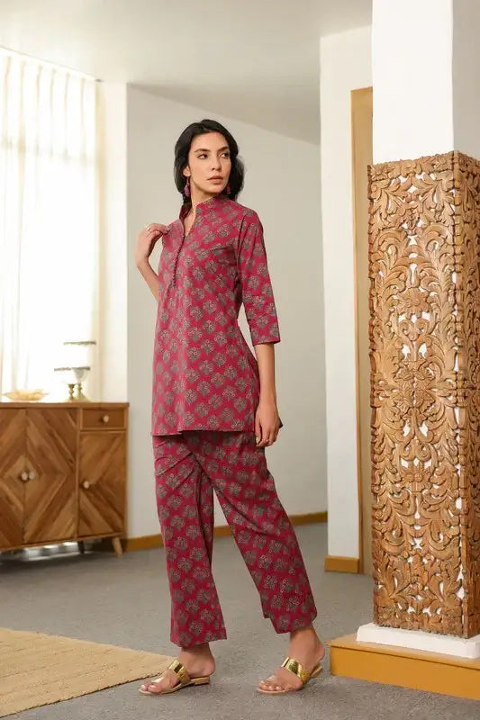 Aloha Mora on Maroon Printed Cotton Co-ord Set