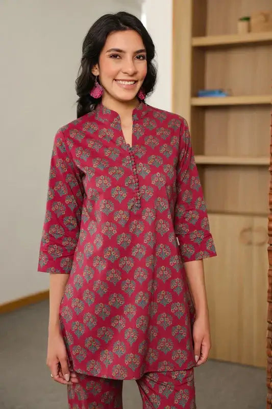 Aloha Mora on Maroon Printed Cotton Co-ord Set