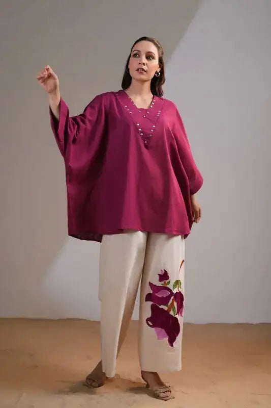 Wine Blossom Elegance Cotton Flex Co-ord Set