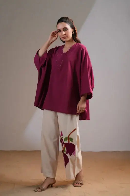Wine Blossom Elegance Cotton Flex Co-ord Set