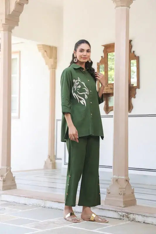 Olive Horse Embroidered Cotton Flex Co-ord Set