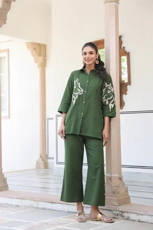 Olive Horse Embroidered Cotton Flex Co-ord Set