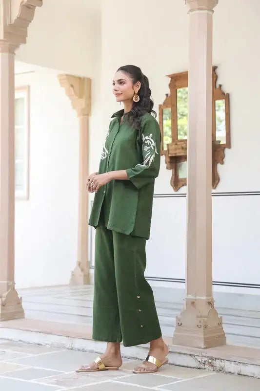 Olive Horse Embroidered Cotton Flex Co-ord Set