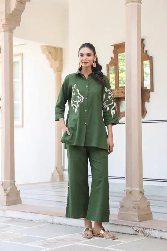 Olive Horse Embroidered Cotton Flex Co-ord Set