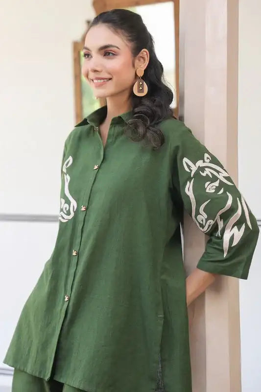 Olive Horse Embroidered Cotton Flex Co-ord Set