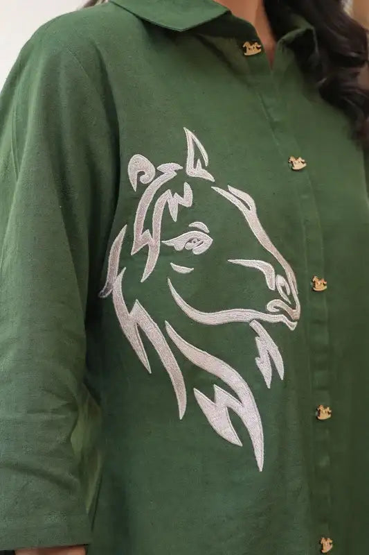 Olive Horse Embroidered Cotton Flex Co-ord Set