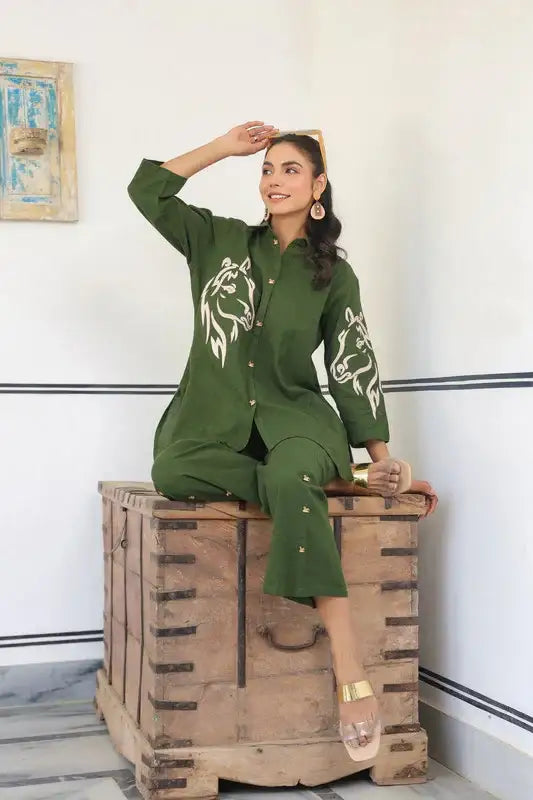 Olive Horse Embroidered Cotton Flex Co-ord Set