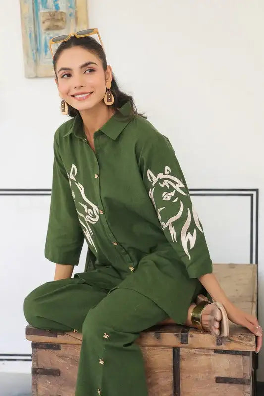 Olive Horse Embroidered Cotton Flex Co-ord Set