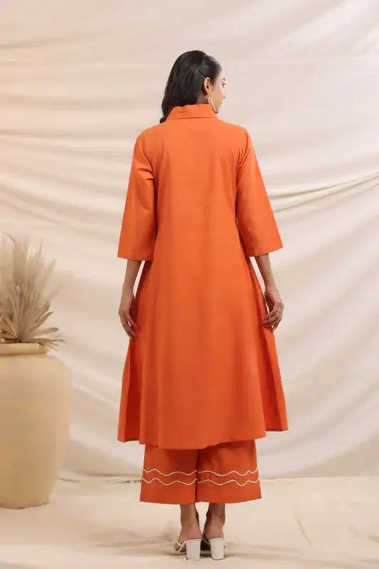 Rust Palm Breeze Embroidery Cotton Co-ord Set