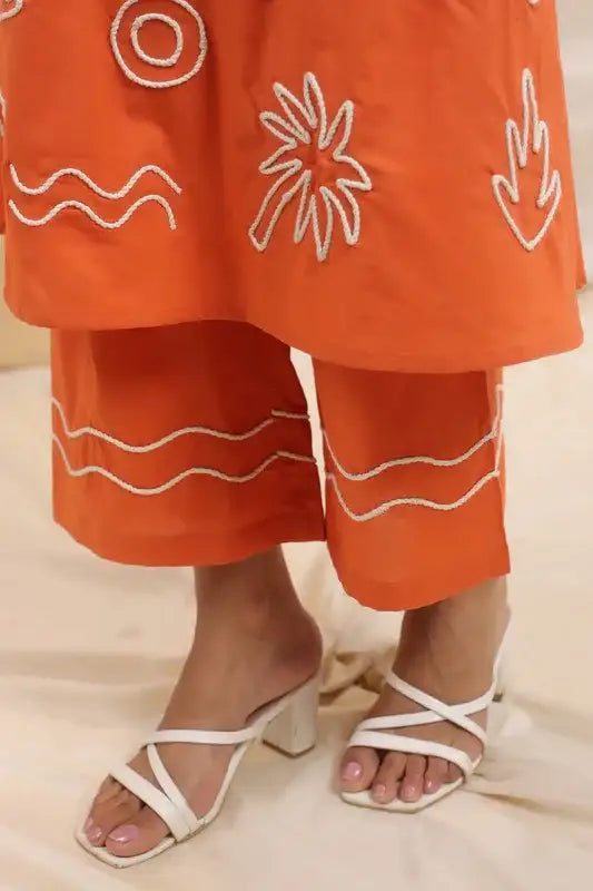 Rust Palm Breeze Embroidery Cotton Co-ord Set