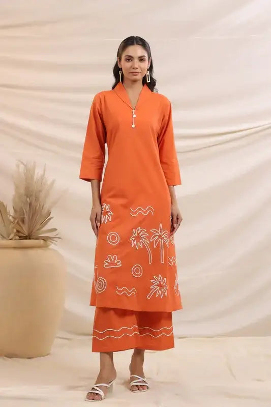 Rust Palm Breeze Embroidery Cotton Co-ord Set
