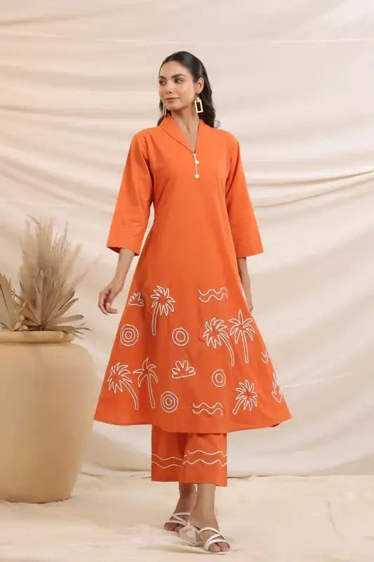 Rust Palm Breeze Embroidery Cotton Co-ord Set