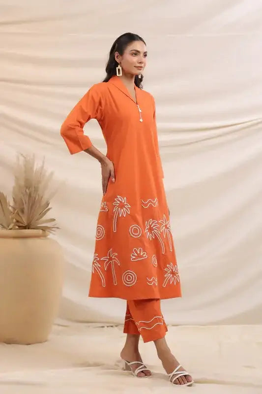 Rust Palm Breeze Embroidery Cotton Co-ord Set