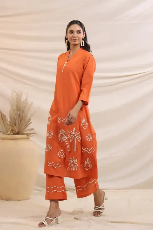Rust Palm Breeze Embroidery Cotton Co-ord Set