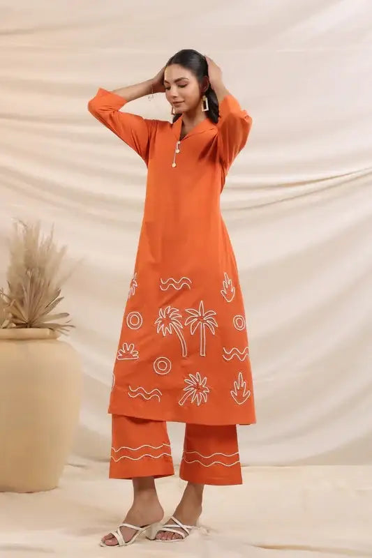 Rust Palm Breeze Embroidery Cotton Co-ord Set