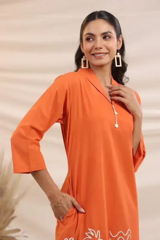 Rust Palm Breeze Embroidery Cotton Co-ord Set