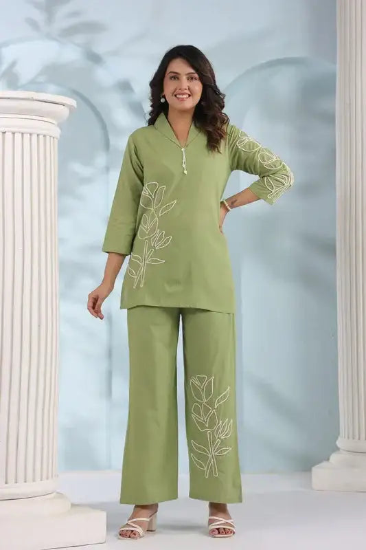 Elegant Green Embroidered Cotton Flex Co-ord Set