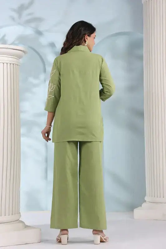 Elegant Green Embroidered Cotton Flex Co-ord Set