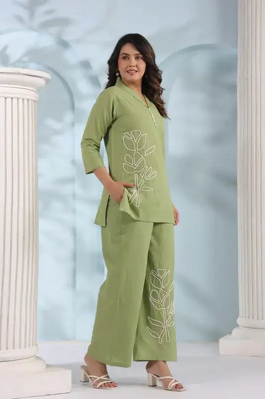 Elegant Green Embroidered Cotton Flex Co-ord Set
