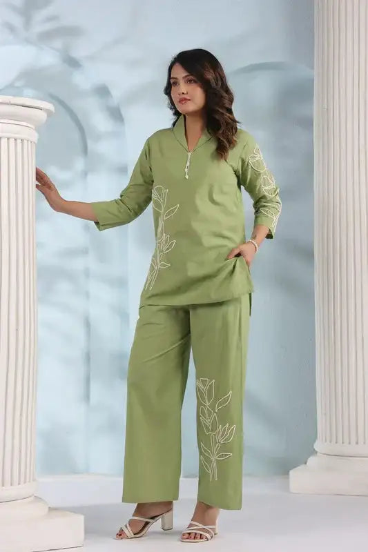 Elegant Green Embroidered Cotton Flex Co-ord Set