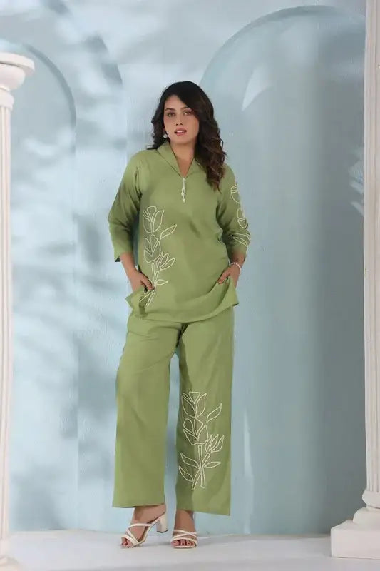 Elegant Green Embroidered Cotton Flex Co-ord Set
