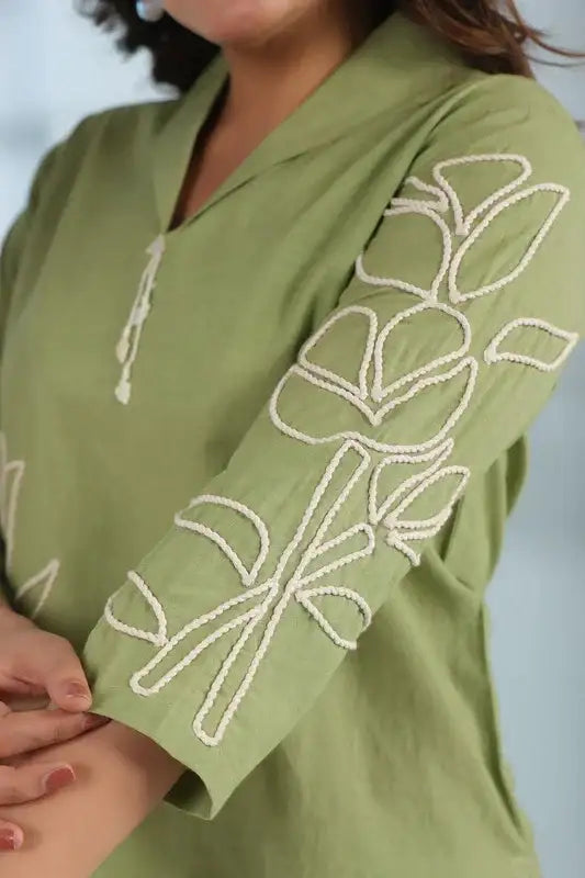 Elegant Green Embroidered Cotton Flex Co-ord Set