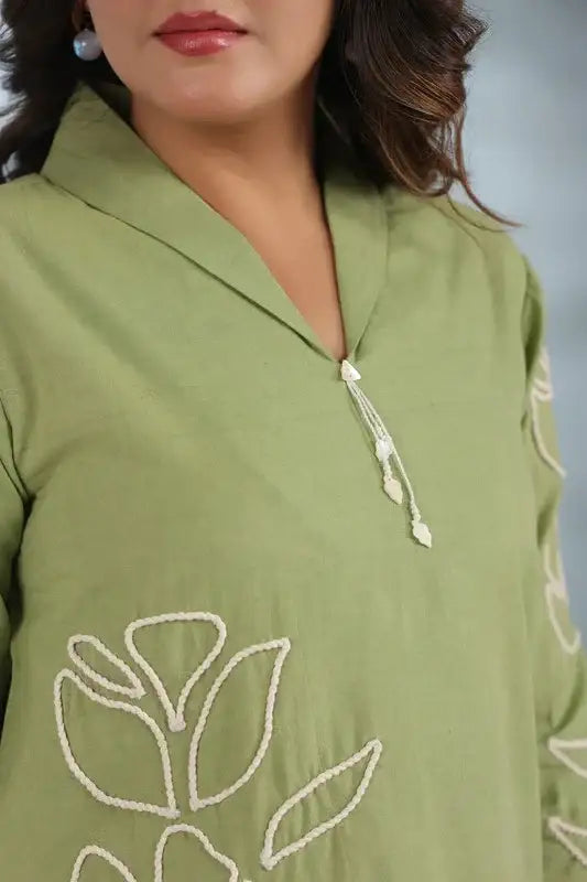 Elegant Green Embroidered Cotton Flex Co-ord Set