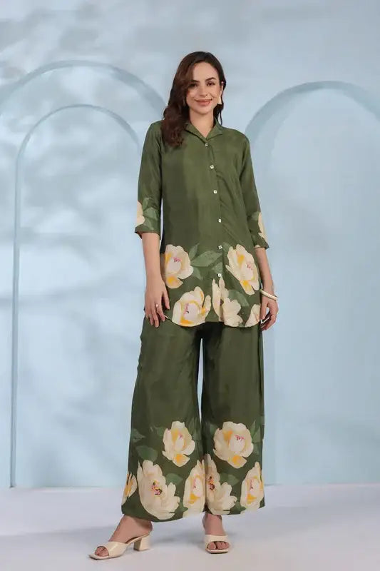 Blooming Grace in Olive Green Russian Silk Co-ord Set