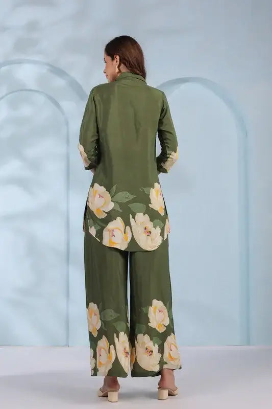 Blooming Grace in Olive Green Russian Silk Co-ord Set