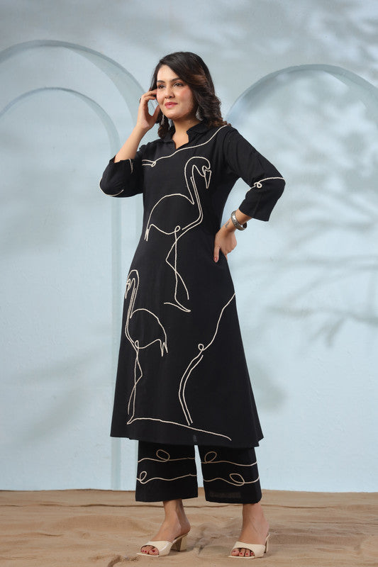 Flamingo Noir Black Embroidered Cotton Flex Co-ord Set