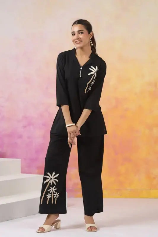 Black Palm Embroidered Cotton Co-ord Set