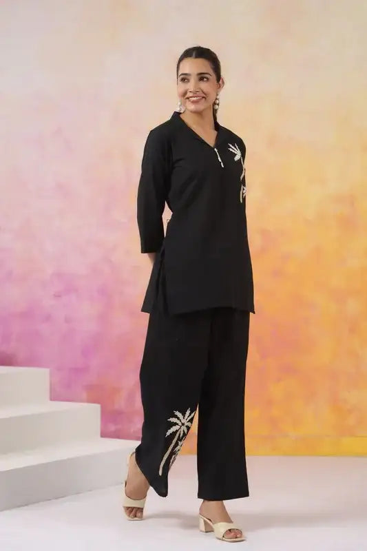 Black Palm Embroidered Cotton Co-ord Set