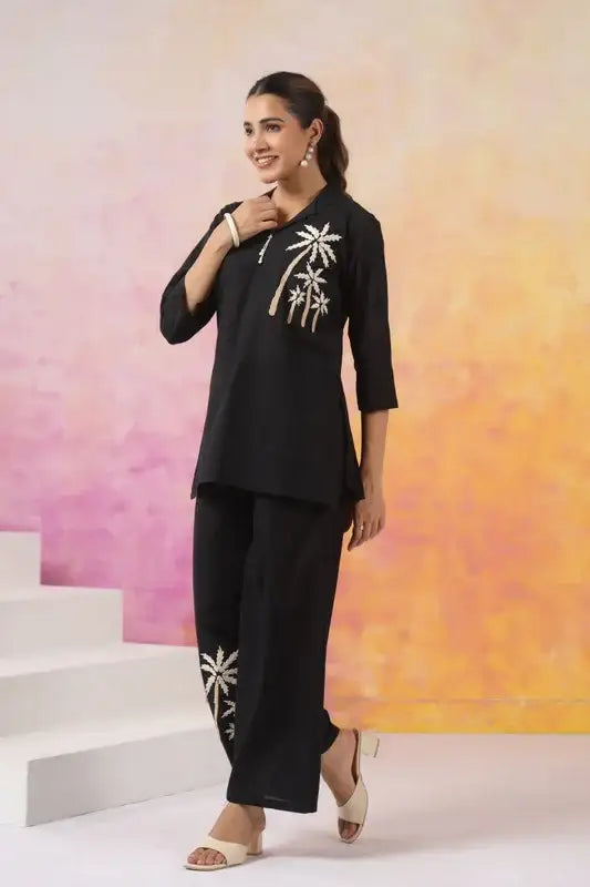 Black Palm Embroidered Cotton Co-ord Set