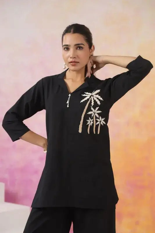 Black Palm Embroidered Cotton Co-ord Set