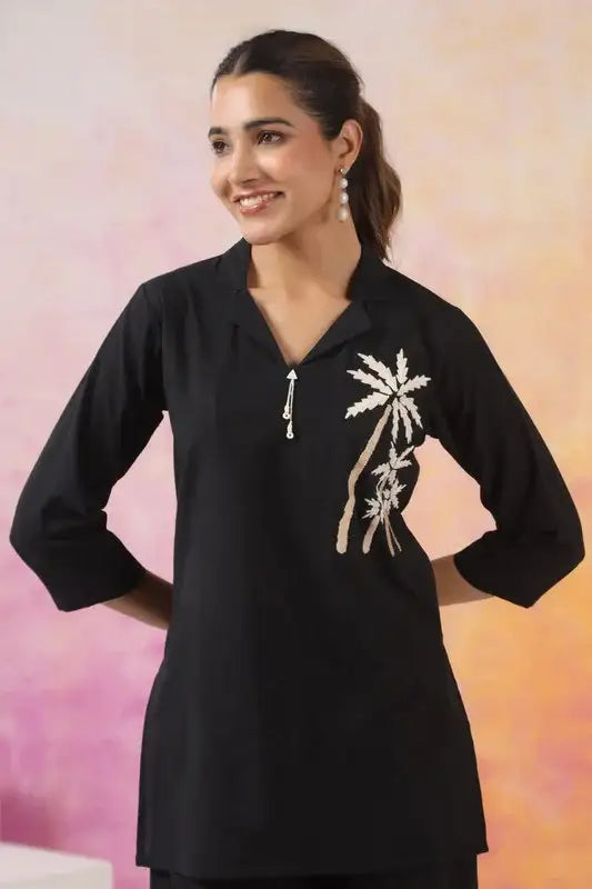 Black Palm Embroidered Cotton Co-ord Set