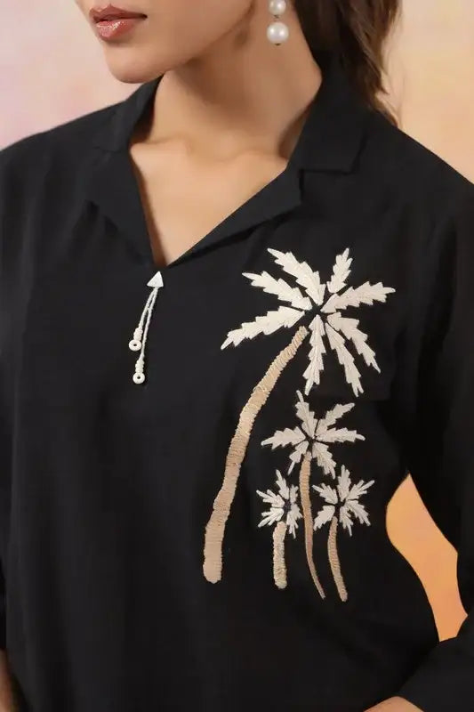 Black Palm Embroidered Cotton Co-ord Set