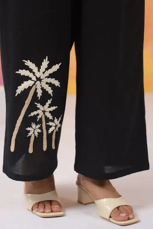 Black Palm Embroidered Cotton Co-ord Set